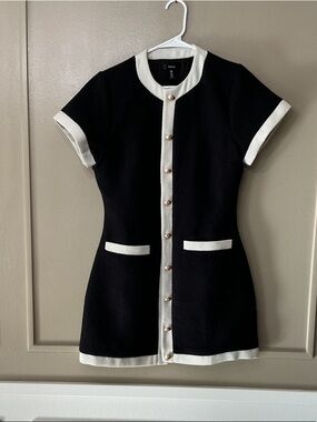 Aqua Black and White Tweed Short Sleeve Shift Dress